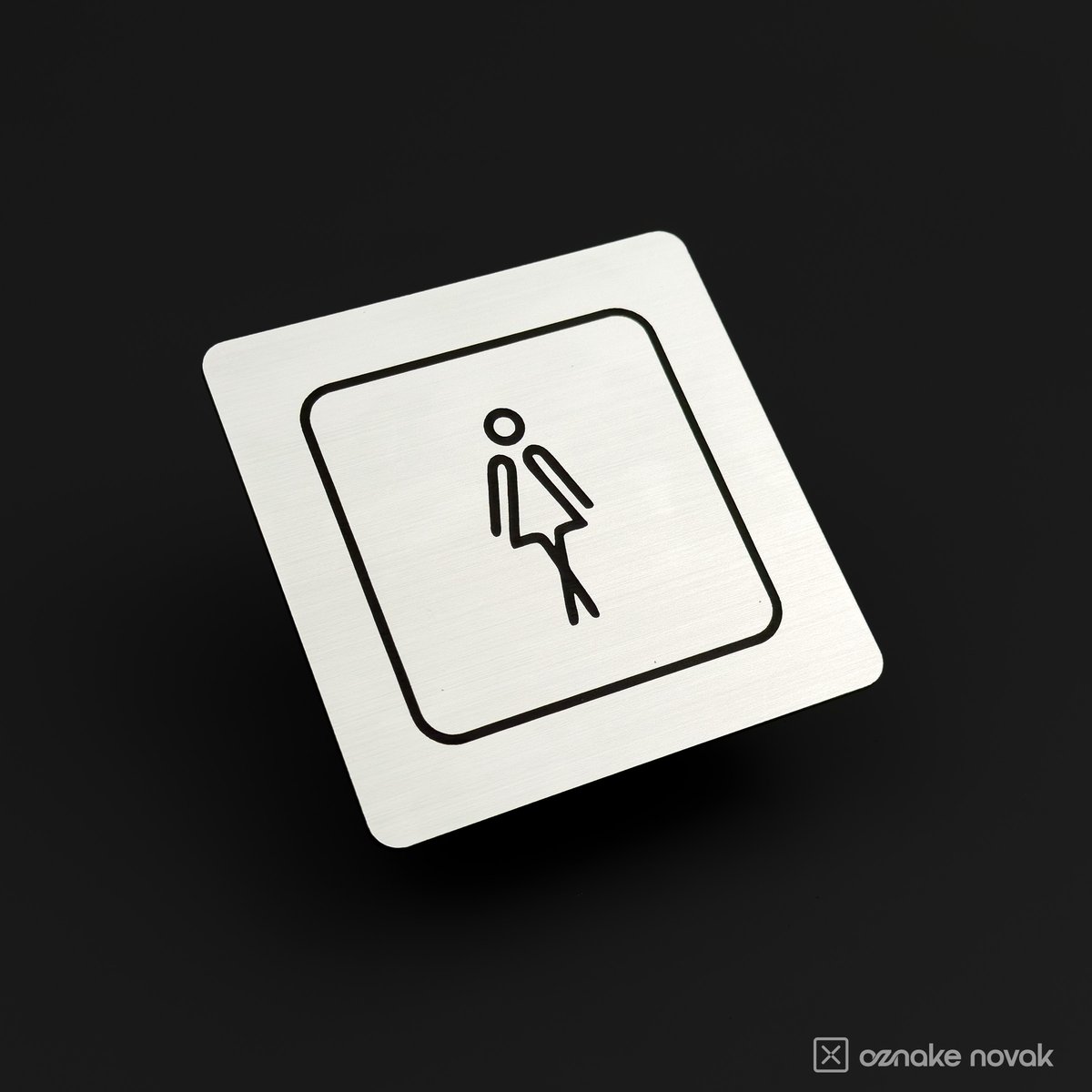 Brushed silver restroom sign with engraved women's pictogram on a dark background