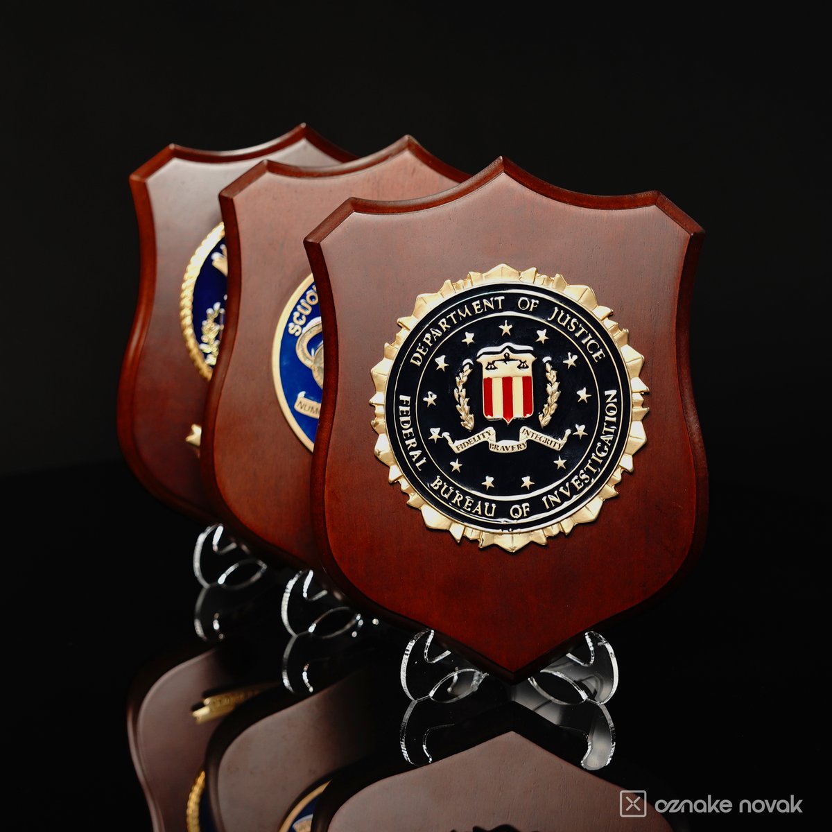 Row of three wooden shield plaques with gold and enamel emblems, the front one with a Department of Justice seal