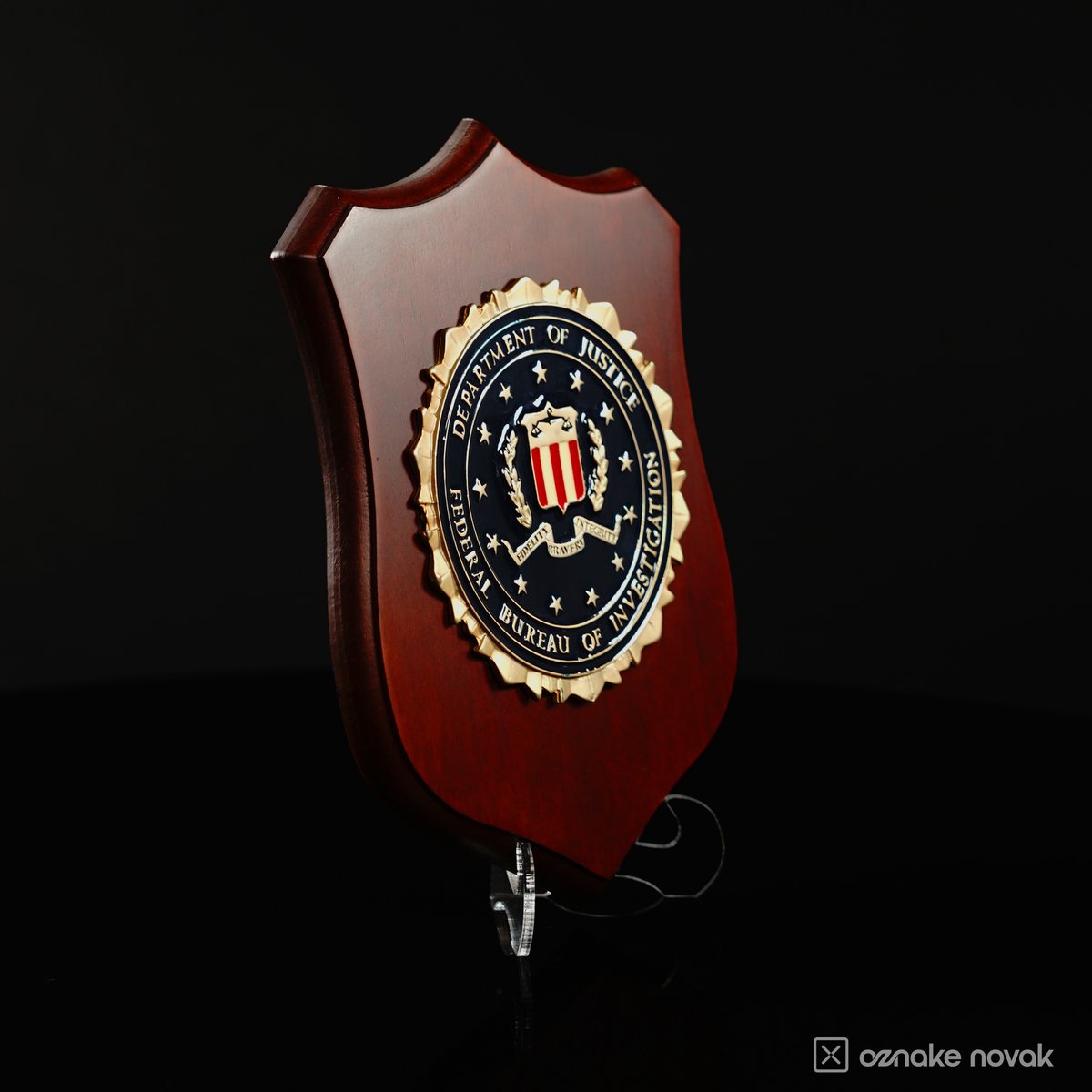 Angled view of a wooden shield plaque with a gold and navy Department of Justice seal