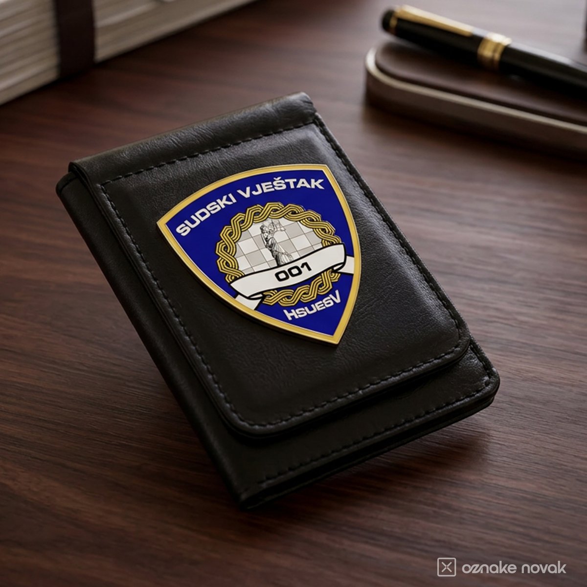 Black leather case with HSUESV badge number 001 on a wooden desk next to a pen